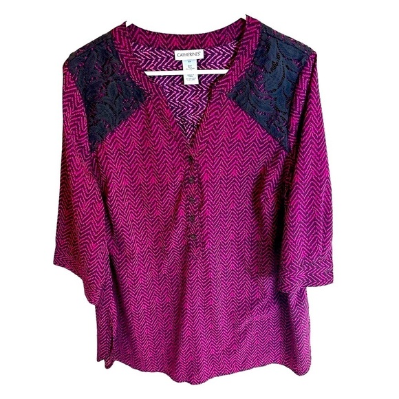 Catherines Fuchsia & Black Lace Shoulder Blouse 0X 3/4 Sleeve Plus Size Top - Picture 1 of 3